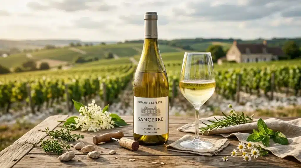 Bouteille de vin blanc Sancerre avec verre, vignobles en arrière-plan