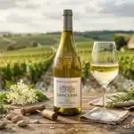 Bouteille de vin blanc Sancerre avec verre, vignobles en arrière-plan