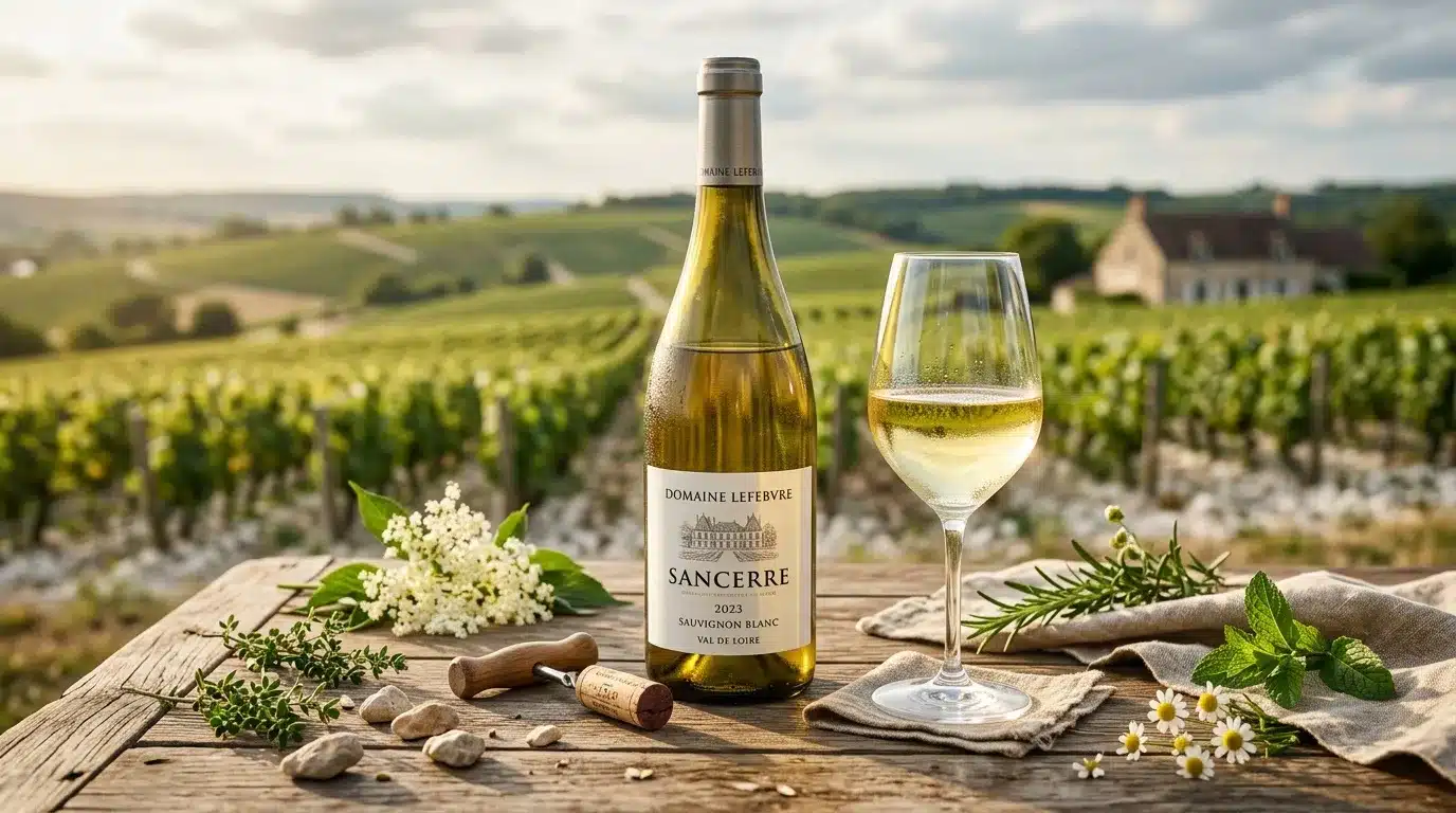 Bouteille de vin blanc Sancerre avec verre, vignobles en arrière-plan