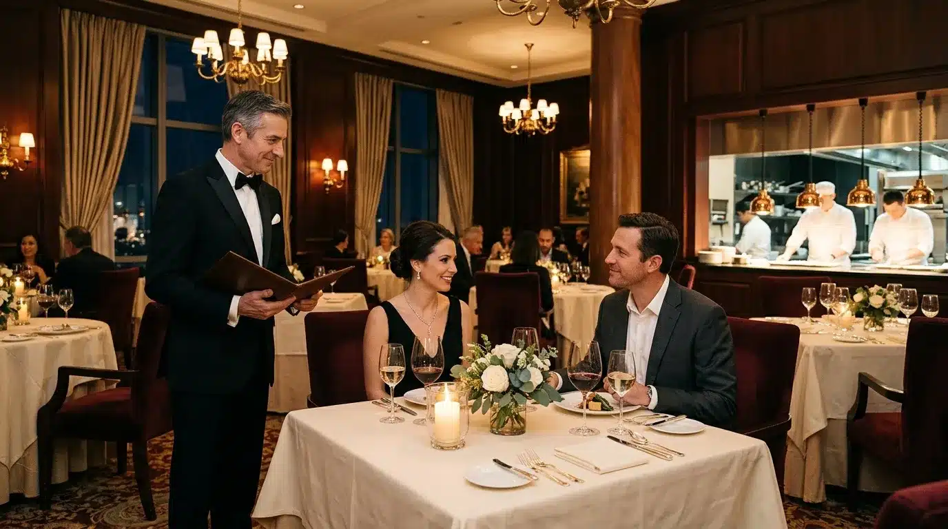 Serveur en costume présentant le menu à des clients dans restaurant haut de gamme