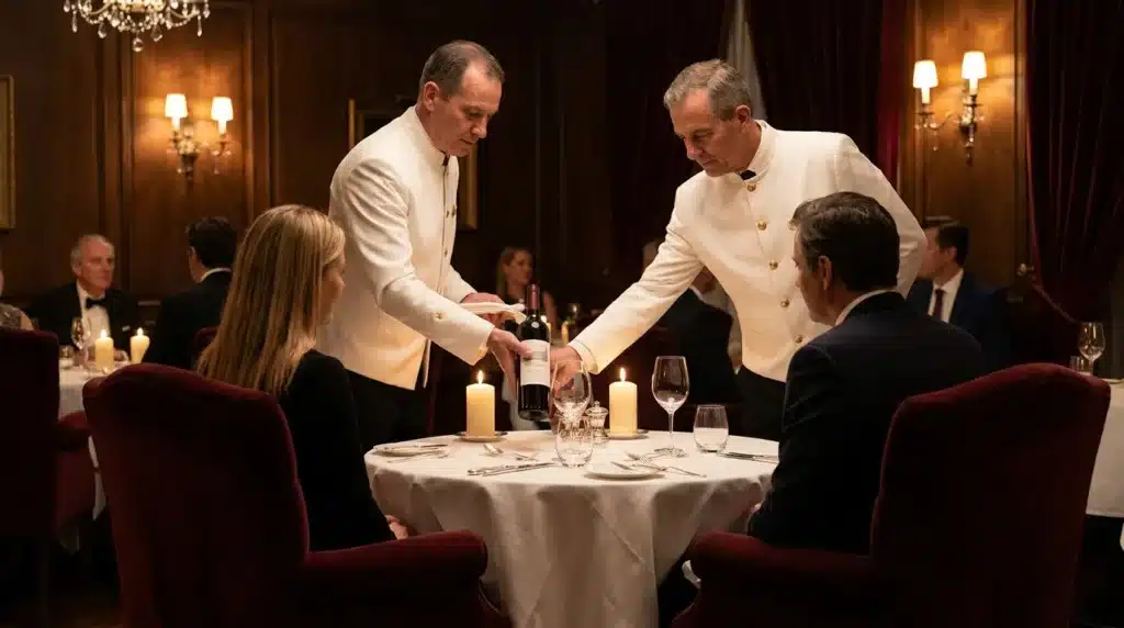 Serveurs en tenue blanche servant du vin à des convives
