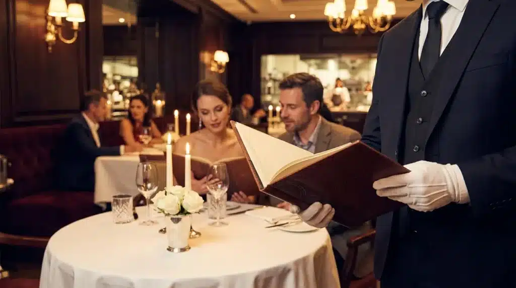 Serveur présentant le menu dans restaurant haut de gamme
