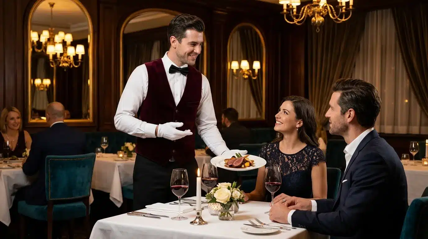 Serveur présente un plat à des clients dans un restaurant raffiné