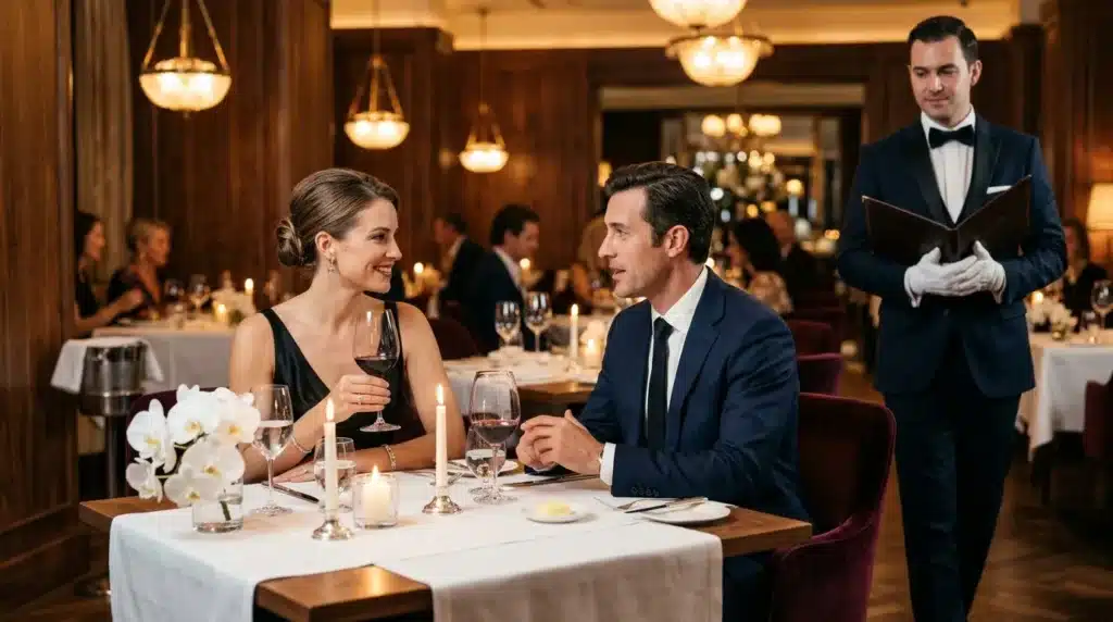 Couple dînant dans un restaurant haut de gamme avec serveur en arrière-plan
