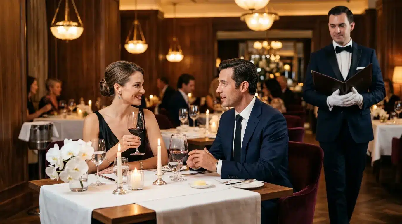 Couple dînant dans un restaurant haut de gamme avec serveur en arrière-plan