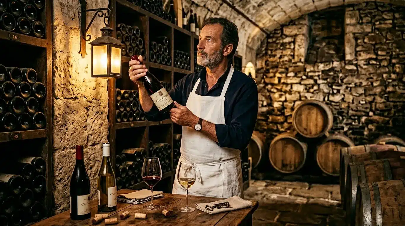 Homme en tablier présente une bouteille de vin en cave
