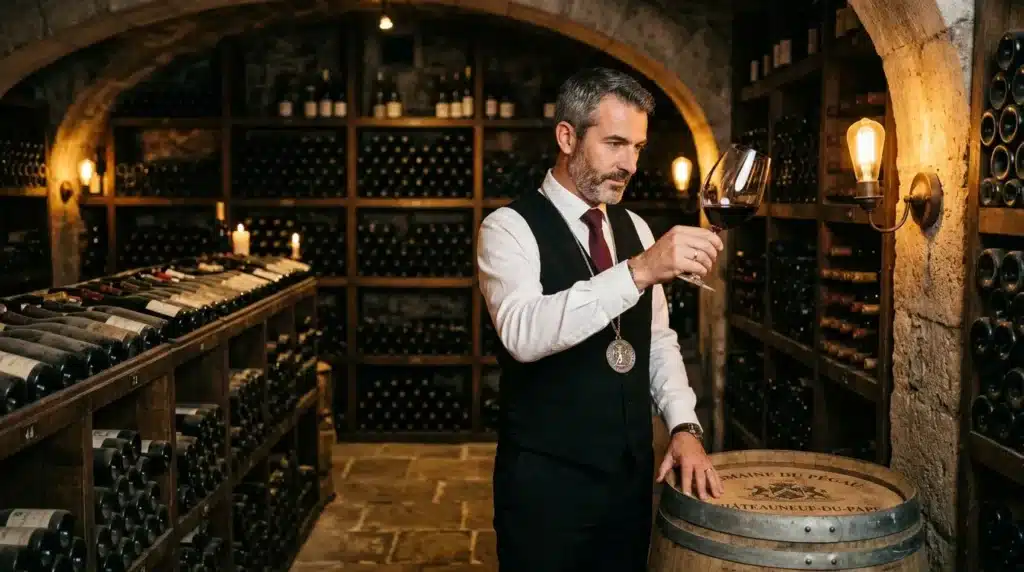 Expert en vin déguste dans une cave souterraine historique