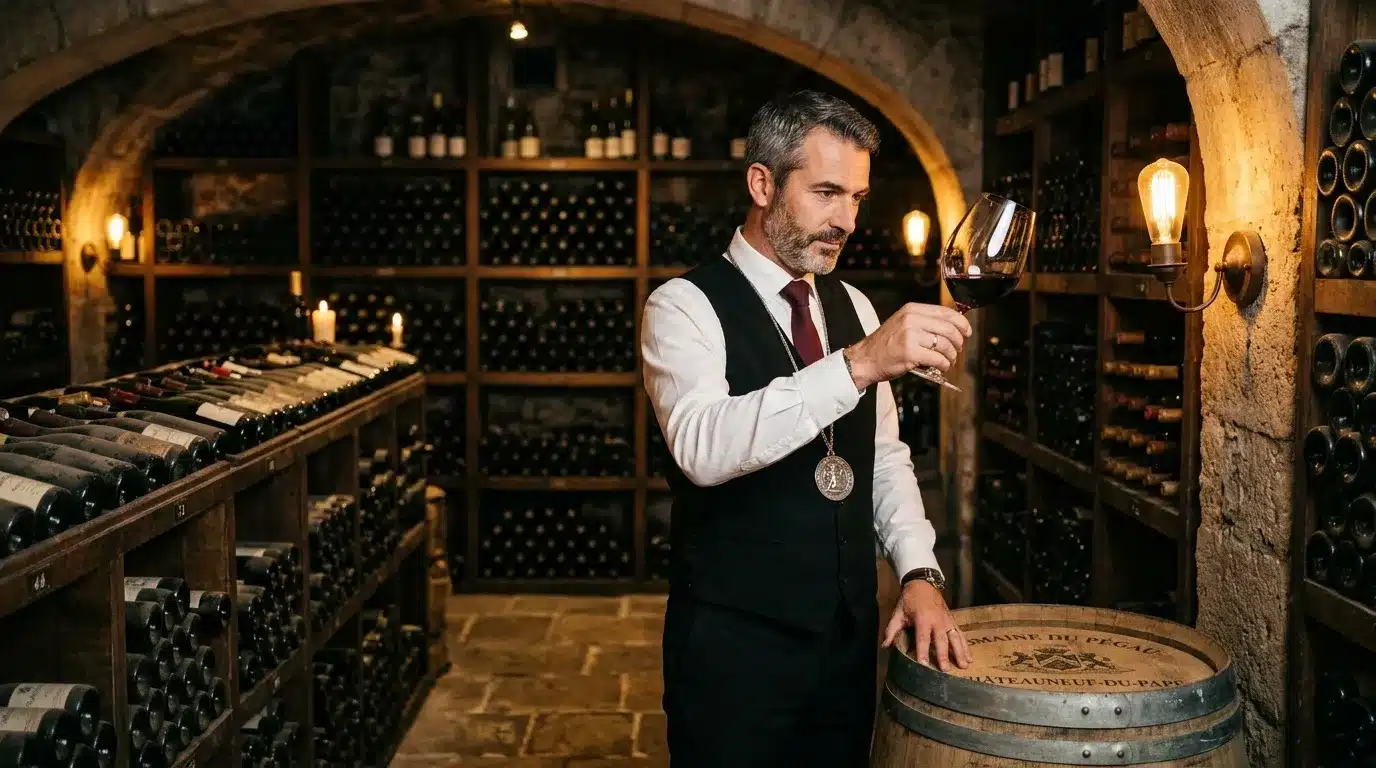 Expert en vin déguste dans une cave souterraine historique