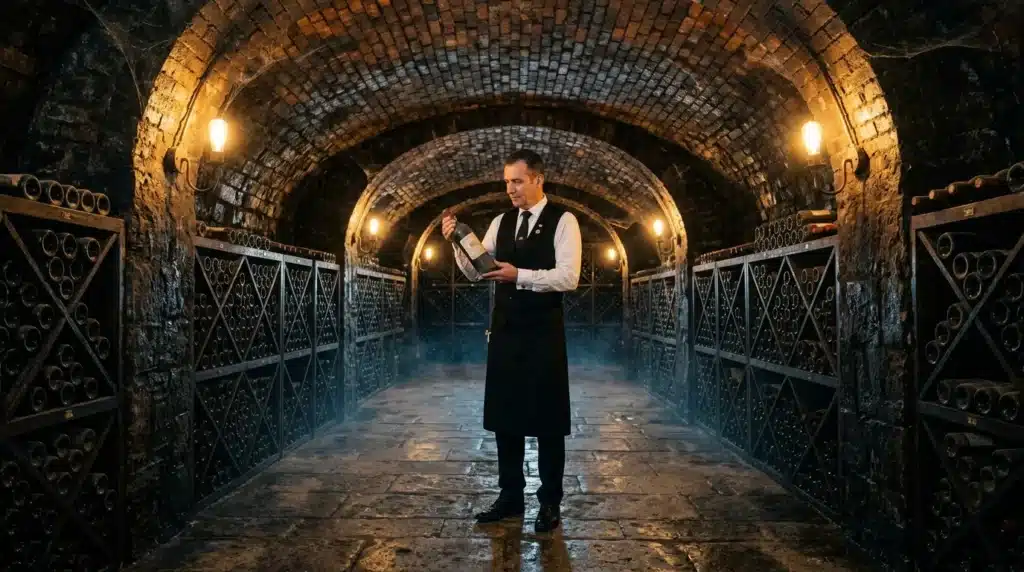 Homme en costume dégustant du vin dans une cave souterraine voûtée