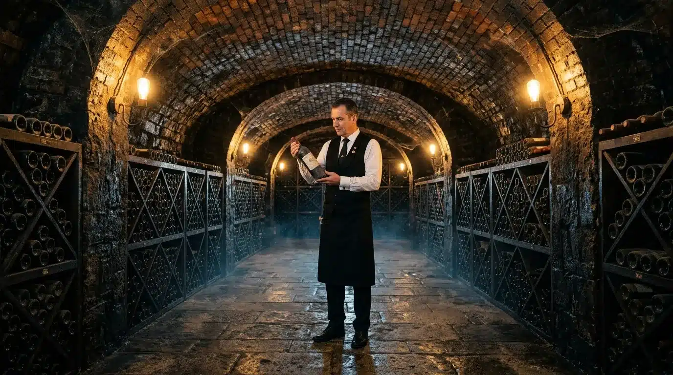 Homme en costume dégustant du vin dans une cave souterraine voûtée