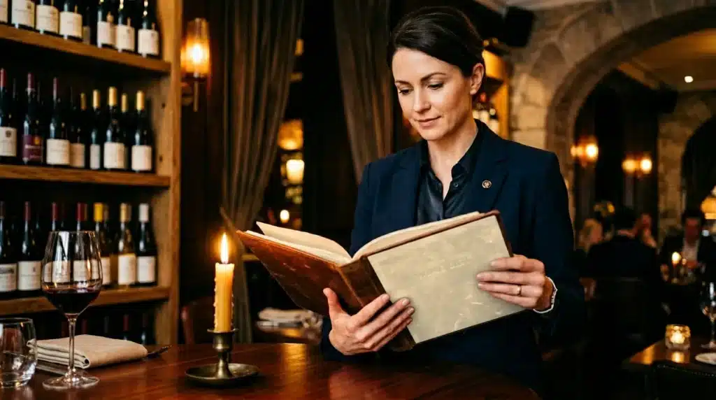 Femme en blazer noir lisant menu vin restaurant élégant