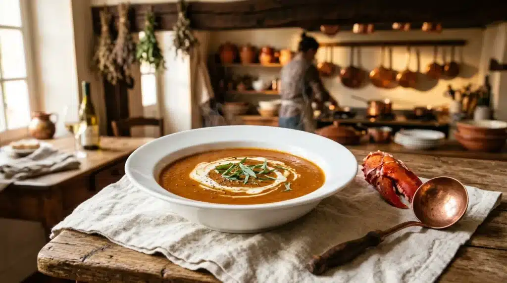 Soupe crémeuse garnie dans cuisine professionnelle chaleureuse