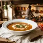 Soupe crémeuse garnie dans cuisine professionnelle chaleureuse