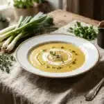 Assiette de soupe dorée garnie de crème fraîche et herbes