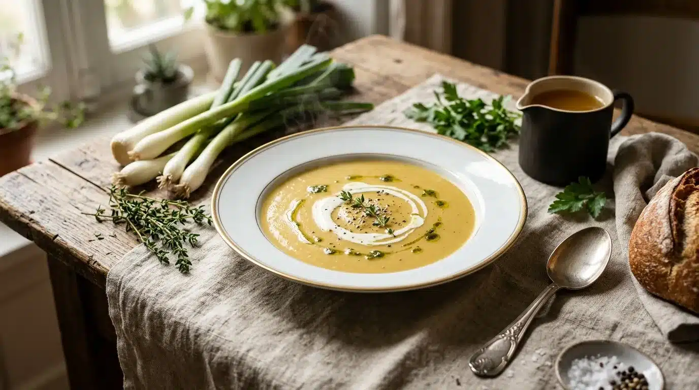 Assiette de soupe dorée garnie de crème fraîche et herbes