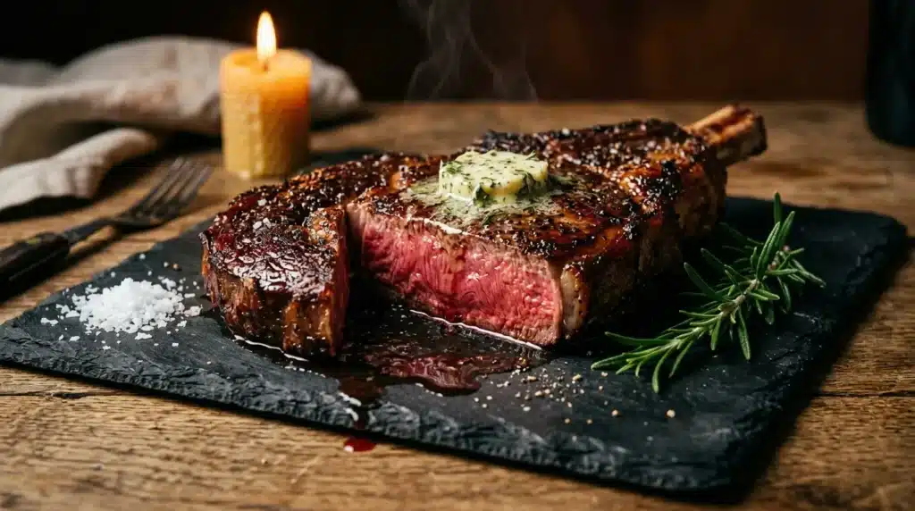 Steak grillé saignant avec beurre d'herbes et sel