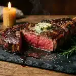 Steak grillé saignant avec beurre d'herbes et sel