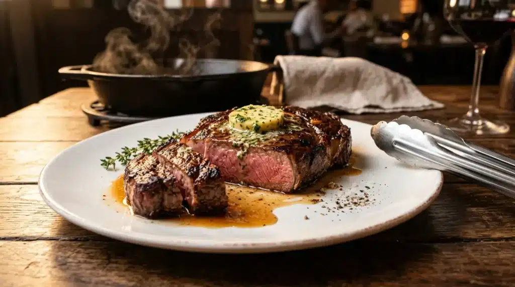 Steak grillé saignant avec beurre fondu et herbes fraîches