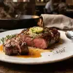 Steak grillé saignant avec beurre fondu et herbes fraîches