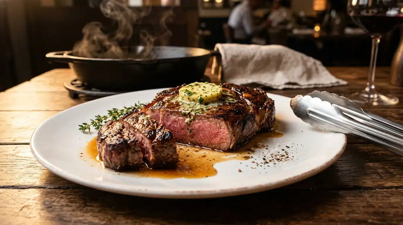 Steak grillé saignant avec beurre fondu et herbes fraîches