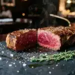 Steak coupé moitié cuit, sel, herbes aromatiques sur ardoise