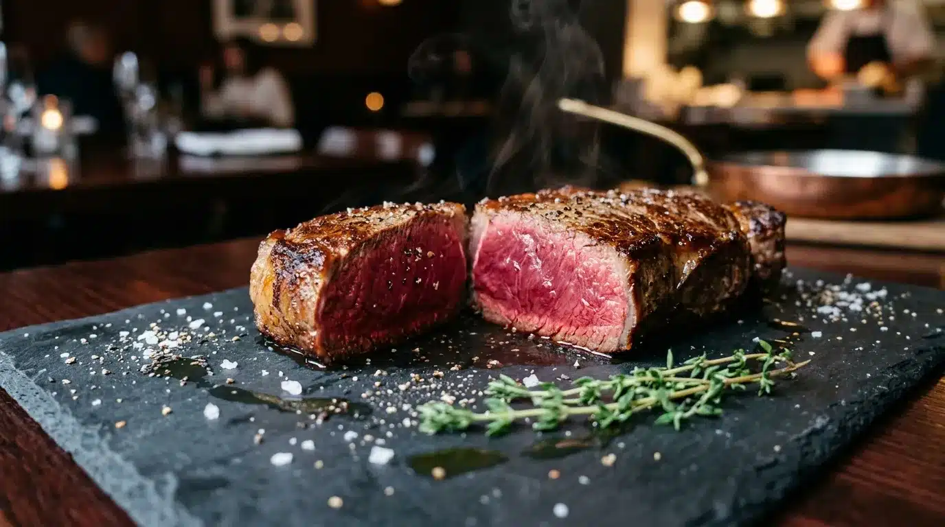 Steak coupé moitié cuit, sel, herbes aromatiques sur ardoise