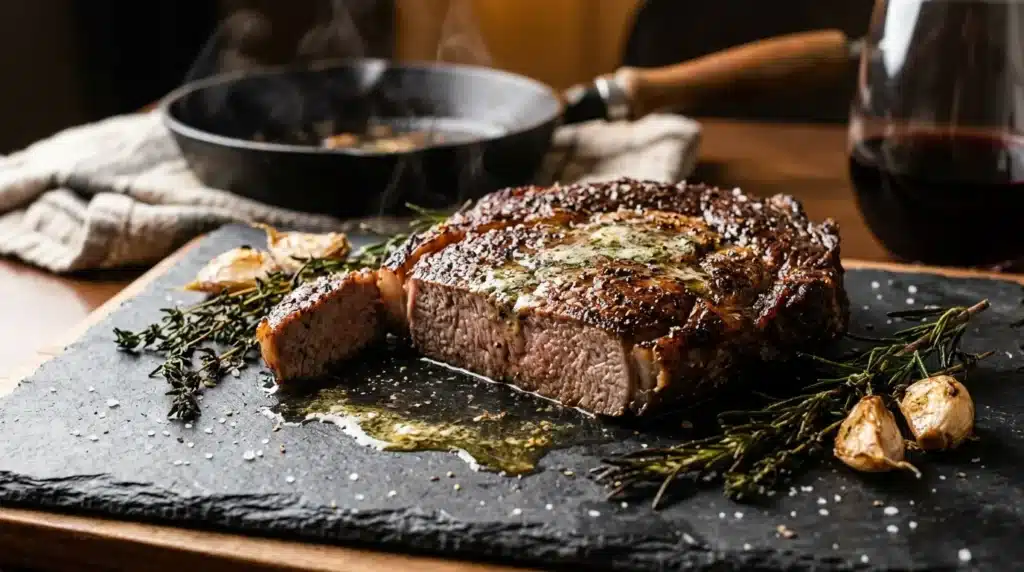 Steak grillé sur ardoise avec herbes et sauce.