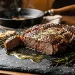 Steak grillé sur ardoise avec herbes et sauce.