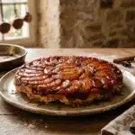 Tarte Tatin caramélisée sur assiette avec épices et ustensiles