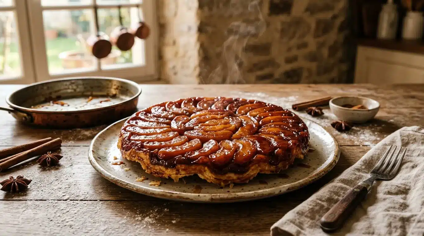 Tarte Tatin caramélisée sur assiette avec épices et ustensiles
