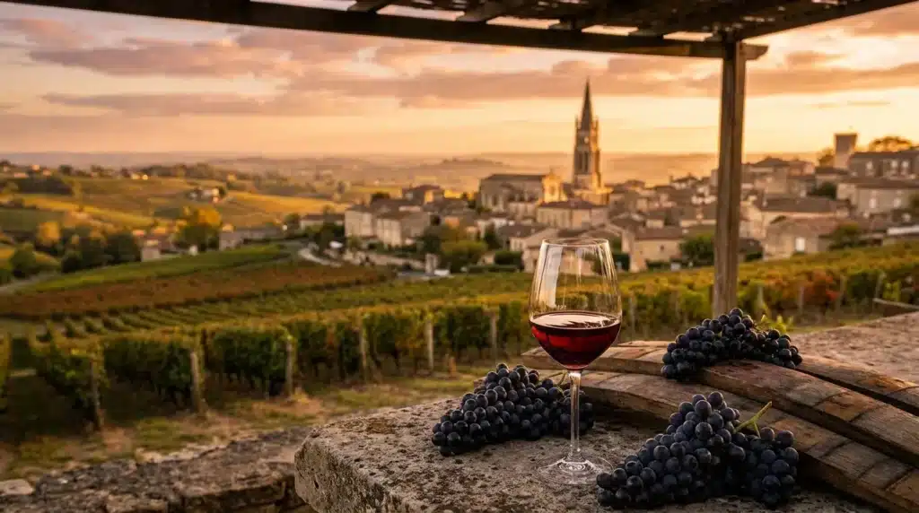 Verre de vin rouge avec raisins noirs, vignobles et église en arrière-plan