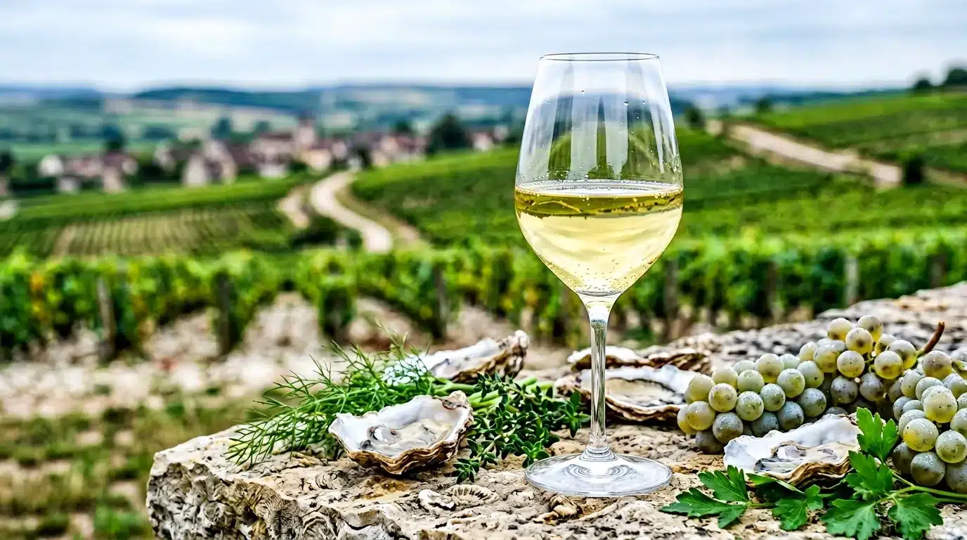 Verre de vin blanc avec vignobles et huitres en arrière-plan