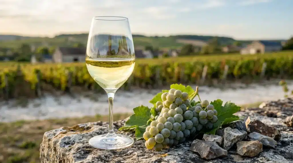 Verre de vin blanc et raisins face aux vignes