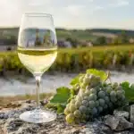 Verre de vin blanc et raisins face aux vignes