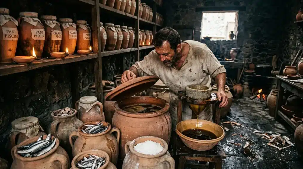 Homme préparant sauce antique dans atelier romain