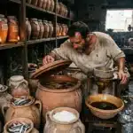Homme préparant sauce antique dans atelier romain