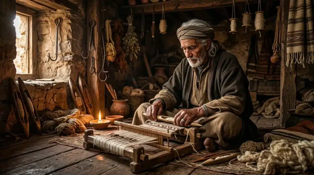 Homme âgé tissant sur métier dans atelier rustique traditionnel