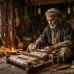 Homme âgé tissant sur métier dans atelier rustique traditionnel