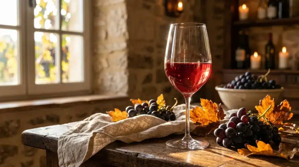 Verre de vin rouge avec raisins et feuilles d'automne
