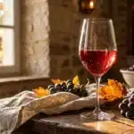 Verre de vin rouge avec raisins et feuilles d'automne