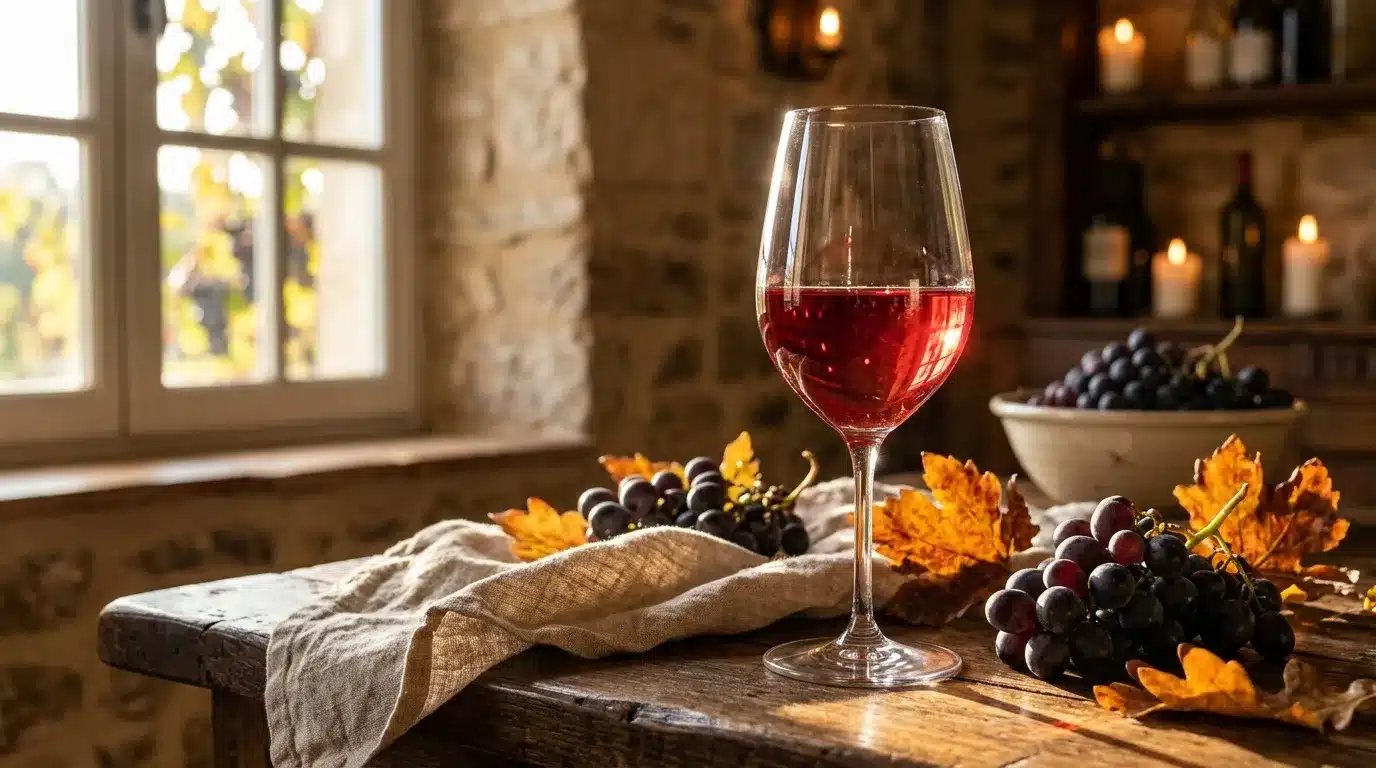 Verre de vin rouge avec raisins et feuilles d'automne