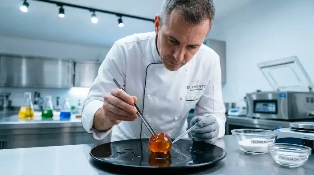 Chef en blanc travaille sur cuisine moléculaire avec sphère gélatineuse
