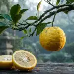 Citrons jaunes coupés et entier sur branche verte