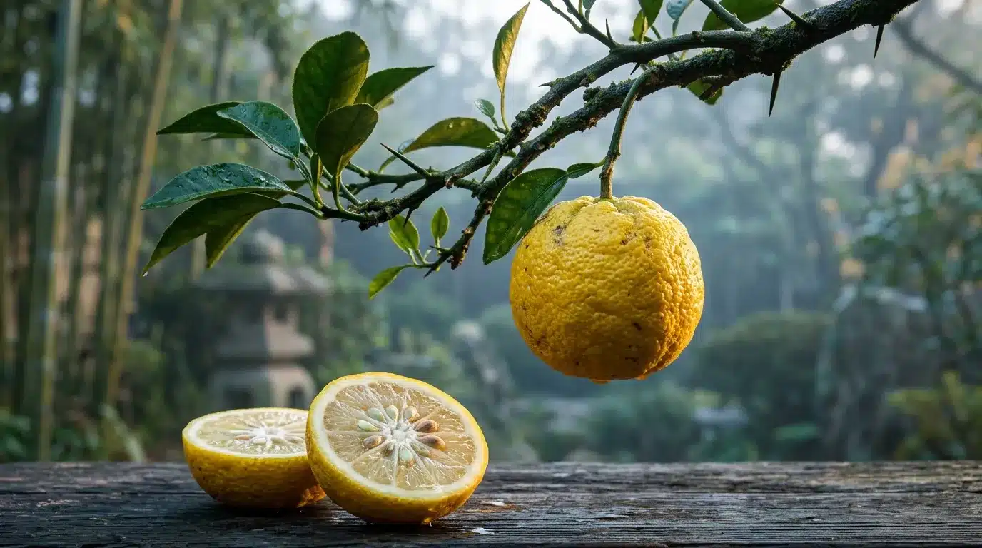 Citrons jaunes coupés et entier sur branche verte