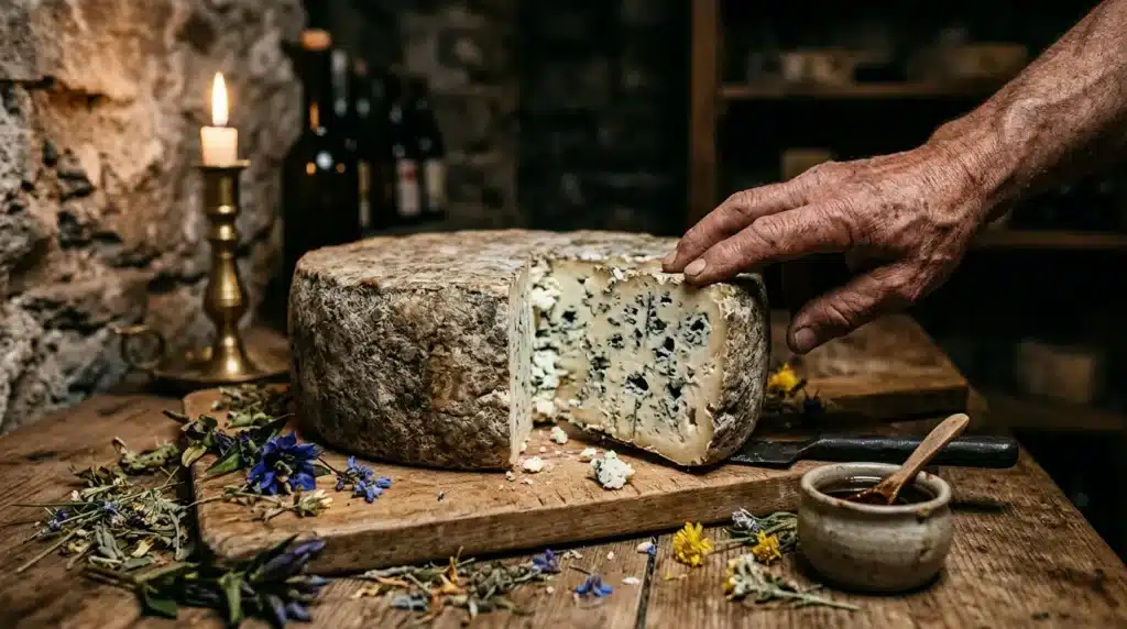 Main tenant un morceau de fromage bleu dans une cave rustique