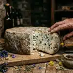 Main tenant un morceau de fromage bleu dans une cave rustique