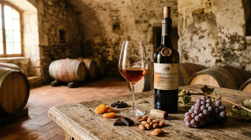 Bouteille de vin rouge, verre rempli, fruits secs et raisins en cave