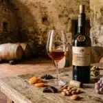 Bouteille de vin rouge, verre rempli, fruits secs et raisins en cave