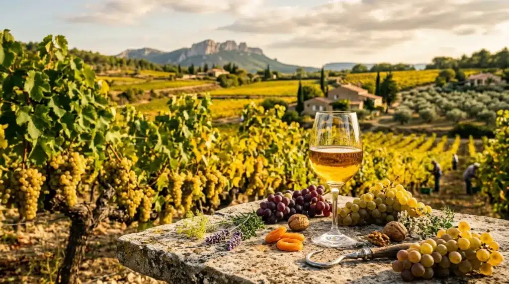 Verre de vin blanc devant vignobles et montagne provençale