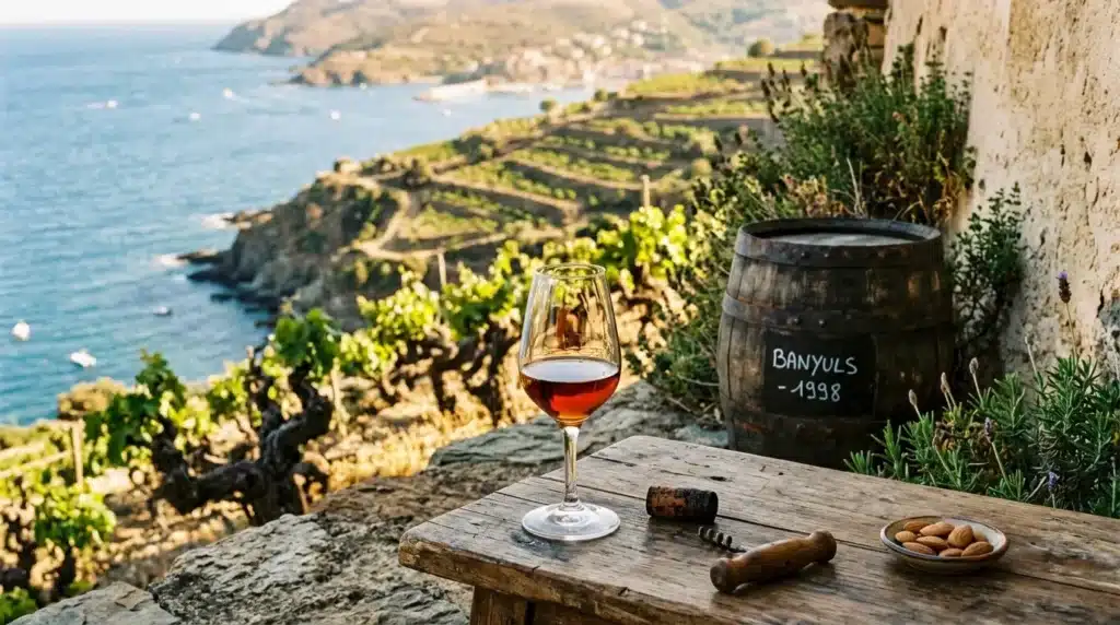 Verre de vin rouge surplombant vignobles en terrasses et mer